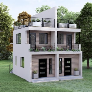 May include: A contemporary three-storey white house with black detailing, including a rooftop terrace and balconies. The house has two front doors and is set in a green environment with trees and grass.
