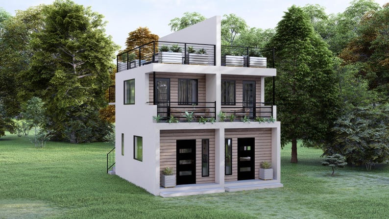May include: A contemporary three-storey white house with black detailing, including a rooftop terrace and balconies. The house has two front doors and is set in a green environment with trees and grass.