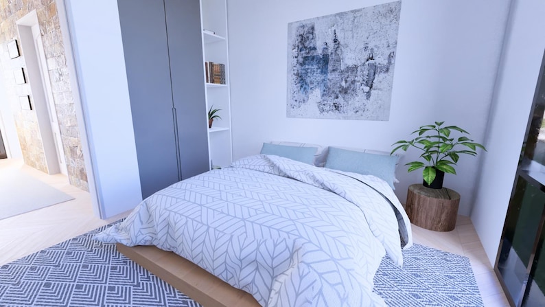 Peut inclure: Chambre moderne avec lit dot&eacute; d'une couette &agrave; motifs blancs et gris et de coussins bleu clair. Une grande peinture abstraite est accroch&eacute;e au-dessus du lit. Une plante en pot repose sur une souche de bois et un tapis &agrave; motifs est au sol.