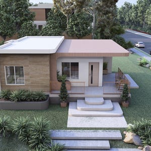 Puede incluir: Una casa moderna de una sola planta con techo plano y fachada marr&oacute;n claro. La casa tiene un peque&ntilde;o porche y est&aacute; rodeada de c&eacute;sped verde y jardiner&iacute;a. En el fondo se ve una carretera con coches.