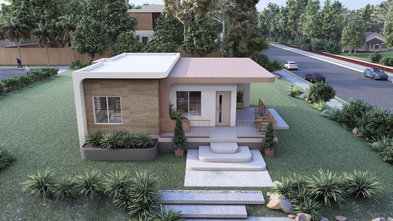 Puede incluir: Una casa moderna de una sola planta con techo plano y fachada marr&oacute;n claro. La casa tiene un peque&ntilde;o porche y est&aacute; rodeada de c&eacute;sped verde y jardiner&iacute;a. En el fondo se ve una carretera con coches.