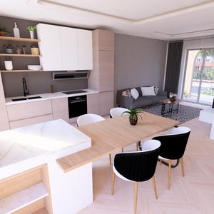 Puede incluir: Una cocina y comedor modernos con gabinetes de madera clara, encimeras blancas y una mesa de comedor de madera. El comedor tiene cuatro sillas con respaldos negros y asientos blancos. Un sof&aacute; gris y una alfombra est&aacute;n en el fondo.