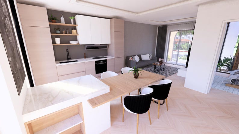 Puede incluir: Una cocina y comedor modernos con gabinetes de madera clara, encimeras blancas y una mesa de comedor de madera. El comedor tiene cuatro sillas con respaldos negros y asientos blancos. Un sof&aacute; gris y una alfombra est&aacute;n en el fondo.