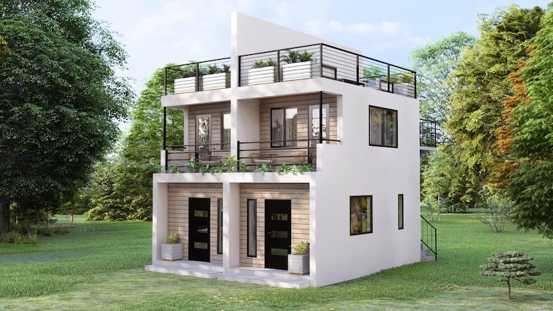 May include: A modern, three-storey white house with black accents, featuring a rooftop deck and balconies. The house has black doors and windows, and is surrounded by green grass and trees.