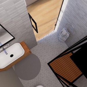 May include: An overhead view of a modern bathroom design. The space features a white rectangular sink on a wooden base, a large mirror, and a shower area with a wooden floor. The floor is tiled with a geometric pattern, and a towel hangs on a circular rack.