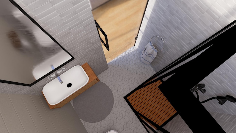 May include: An overhead view of a modern bathroom design. The space features a white rectangular sink on a wooden base, a large mirror, and a shower area with a wooden floor. The floor is tiled with a geometric pattern, and a towel hangs on a circular rack.