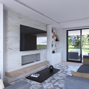 May include: Contemporary living room featuring a large TV on a marble-effect wall. A grey sofa with cushions faces the TV, and a black coffee table rests on a patterned rug. A decorative globe sits on a shelf.