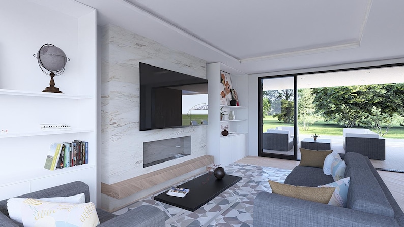 May include: Contemporary living room featuring a large TV on a marble-effect wall. A grey sofa with cushions faces the TV, and a black coffee table rests on a patterned rug. A decorative globe sits on a shelf.