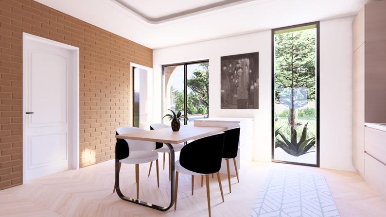 Puede incluir: Un comedor con una mesa de madera clara y cuatro sillas, dos negras y dos blancas. Una gran ventana ofrece una vista de un &aacute;rbol. La habitaci&oacute;n tiene una pared de ladrillo y una puerta blanca.