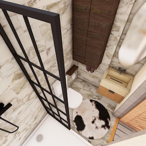 K&ouml;nnte beinhalten: Eine Draufsicht auf ein modernes Badezimmer mit einer schwarzen Duschkabine, einer wei&szlig;en Toilette und einem Holzwaschtisch. Der Boden ist mit einem Marmormuster gefliest, und ein Kuhfellteppich liegt vor der Toilette. Eine wei&szlig;e Badewanne ist ebenfalls sichtbar.