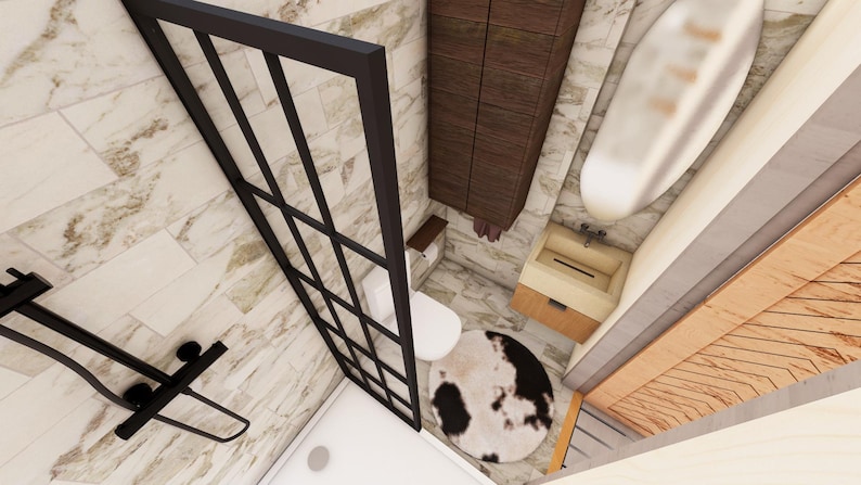 K&ouml;nnte beinhalten: Eine Draufsicht auf ein modernes Badezimmer mit einer schwarzen Duschkabine, einer wei&szlig;en Toilette und einem Holzwaschtisch. Der Boden ist mit einem Marmormuster gefliest, und ein Kuhfellteppich liegt vor der Toilette. Eine wei&szlig;e Badewanne ist ebenfalls sichtbar.