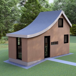 以下が含まれることがあります： 曲がった灰色の屋根を持つ小さなモダンな木造住宅。 黒いフレームの窓とドアがあります。 緑の芝生の上にあり、背景には木々があります。 コンクリートの歩道が入り口につながっています。