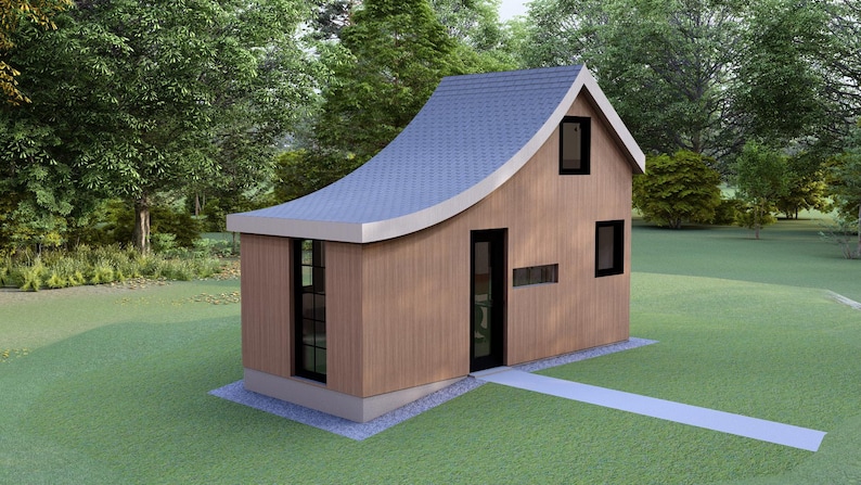 以下が含まれることがあります： 曲がった灰色の屋根を持つ小さなモダンな木造住宅。 黒いフレームの窓とドアがあります。 緑の芝生の上にあり、背景には木々があります。 コンクリートの歩道が入り口につながっています。