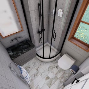 May include: An overhead view of a modern bathroom with gray tile walls and marble flooring. A black-framed shower enclosure is in the center, with a white toilet to the right. A window with a wooden frame is visible, and a rectangular mirror hangs above a dark sink.