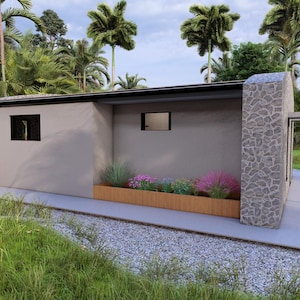 May include: A modern, single-story building with a flat roof and stone accents. The exterior features a light gray facade, black-framed windows, and a wooden planter box filled with colorful flowers. The building is surrounded by lush greenery.