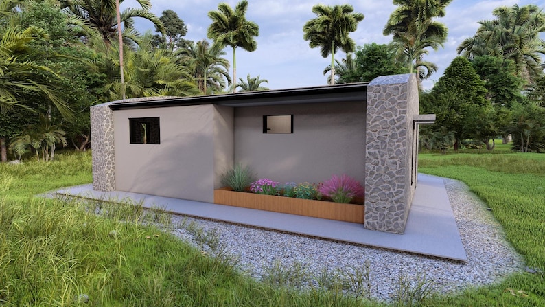 May include: A modern, single-story building with a flat roof and stone accents. The exterior features a light gray facade, black-framed windows, and a wooden planter box filled with colorful flowers. The building is surrounded by lush greenery.