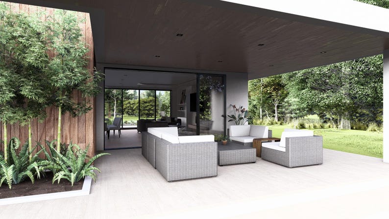 May include: A modern outdoor patio set in light grey woven material. The set comprises a sectional sofa, two armchairs, and a coffee table. The patio has a wooden ceiling and overlooks a green garden.