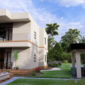 May include: A modern two-story house with a curved balcony and large windows. The exterior is a light beige color, with a black carport and two cars parked underneath. Lush green trees and grass surround the house.