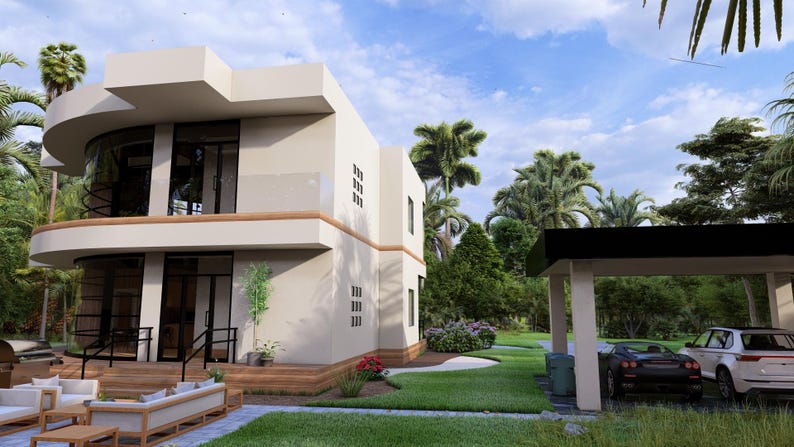 May include: A modern two-story house with a curved balcony and large windows. The exterior is a light beige color, with a black carport and two cars parked underneath. Lush green trees and grass surround the house.