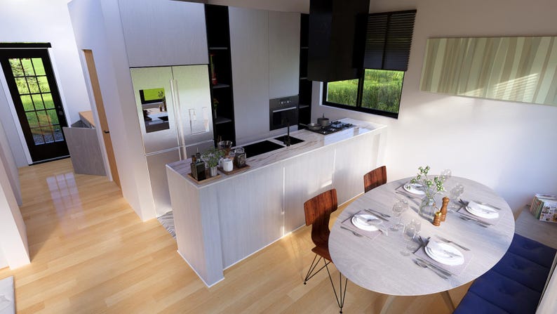 Puede incluir: Interior de cocina moderno con gabinetes blancos, refrigerador de acero inoxidable y barra de desayuno. Una mesa de comedor ovalada de madera est&aacute; puesta con platos y cubiertos. La habitaci&oacute;n tiene pisos de madera y vistas al exterior.
