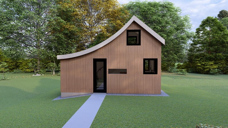 以下が含まれることがあります： 曲がった屋根と黒いフレームの窓とドアを備えたモダンな木造住宅。 家は緑の芝生にあり、入り口に通じる舗装された歩道があり、木々に囲まれています。