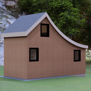 以下が含まれることがあります： 曲がった屋根のラインと灰色の屋根を持つ小さな茶色の木造住宅。 家には3つの黒い長方形の窓があり、緑の芝生の上にあります。 背景には木と岩の多い丘があります。