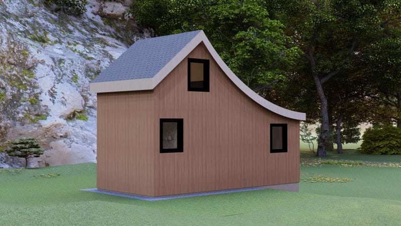 以下が含まれることがあります： 曲がった屋根のラインと灰色の屋根を持つ小さな茶色の木造住宅。 家には3つの黒い長方形の窓があり、緑の芝生の上にあります。 背景には木と岩の多い丘があります。