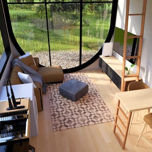 May include: Interior view of a modern living space with large windows overlooking a green landscape. The room features a sofa, coffee table, dining table, and a built-in entertainment center. The decor includes a patterned rug and wooden accents.