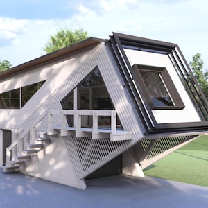 K&ouml;nnte beinhalten: Modernes Haus mit einzigartigem geometrischen Design. Das Geb&auml;ude hat eine wei&szlig;e Fassade mit dunklen Zierleisten, schr&auml;gen W&auml;nden und gro&szlig;en Fenstern. Eine Treppe f&uuml;hrt zu einer kleinen Terrasse. Das Haus ist von Gr&uuml;n umgeben.