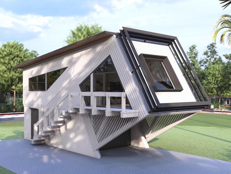 K&ouml;nnte beinhalten: Modernes Haus mit einzigartigem geometrischen Design. Das Geb&auml;ude hat eine wei&szlig;e Fassade mit dunklen Zierleisten, schr&auml;gen W&auml;nden und gro&szlig;en Fenstern. Eine Treppe f&uuml;hrt zu einer kleinen Terrasse. Das Haus ist von Gr&uuml;n umgeben.
