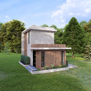 Op de afbeelding: Een modern huis met twee verdiepingen, een plat dak en houten accenten. De buitenkant heeft een lichtgrijze stucafwerking en grote ramen. Het huis is omgeven door een groen gazon en weelderige bomen.