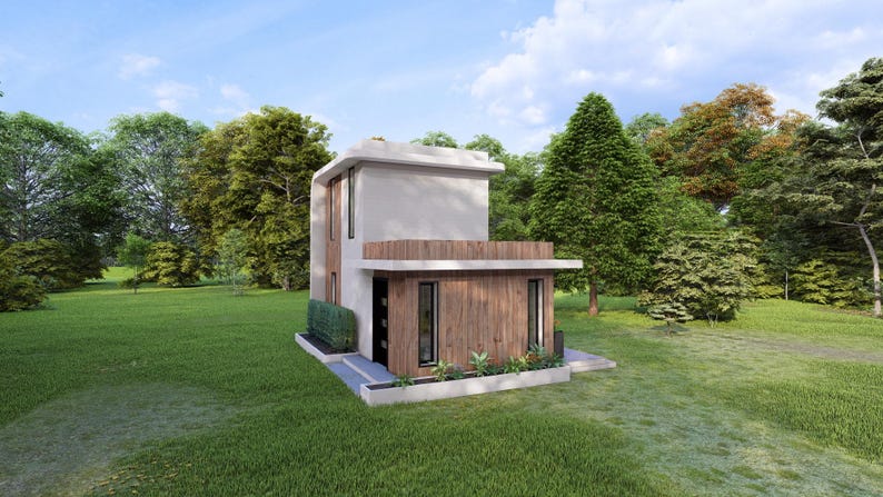 Op de afbeelding: Een modern huis met twee verdiepingen, een plat dak en houten accenten. De buitenkant heeft een lichtgrijze stucafwerking en grote ramen. Het huis is omgeven door een groen gazon en weelderige bomen.