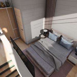 Puede incluir: Una vista interior de un dormitorio moderno con una cama, mesitas de noche y una ventana grande. La cama tiene un edred&oacute;n gris y almohadas azules. La habitaci&oacute;n tiene paredes claras y pisos de madera. Una ventana grande ofrece vistas al exterior.