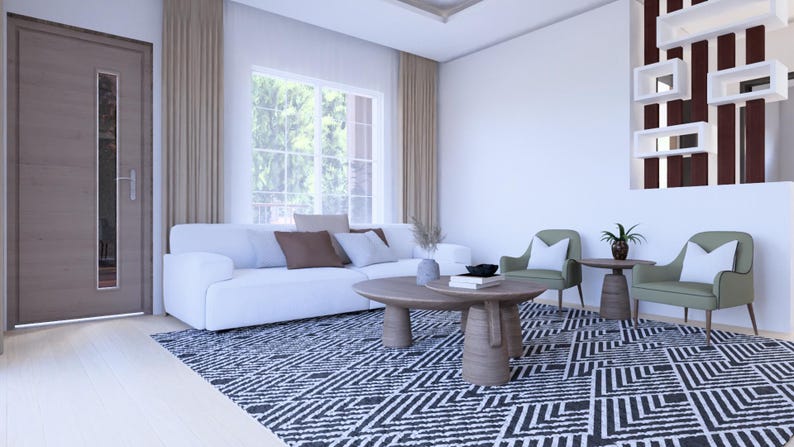 Puede incluir: Sal&oacute;n moderno con un sof&aacute; blanco, dos sillones verdes y una mesa de centro de madera. Una alfombra estampada en blanco y negro cubre el suelo. Tambi&eacute;n se ve una ventana grande con cortinas y una puerta de madera.