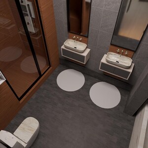 May include: A modern bathroom interior with a wooden accent wall, gray tile flooring, and a glass shower enclosure. Features include two sinks with mirrors, a bathtub, a toilet, and a storage shelf with towels and toiletries.
