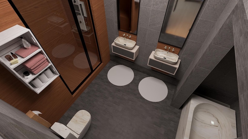 May include: A modern bathroom interior with a wooden accent wall, gray tile flooring, and a glass shower enclosure. Features include two sinks with mirrors, a bathtub, a toilet, and a storage shelf with towels and toiletries.