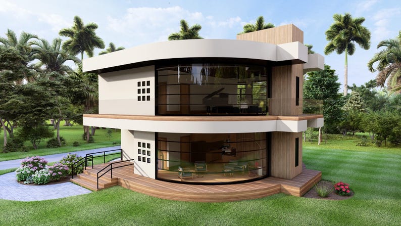 May include: A modern two-story house with a curved glass facade and wooden accents. The house features a white exterior, a wooden deck, and is surrounded by lush greenery and palm trees. The design is contemporary and luxurious.