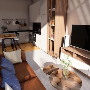 K&ouml;nnte beinhalten: Ein modernes Wohnzimmer mit einem braunen Ledersofa, blauen Kissen und einem Holztisch. Ein gro&szlig;er Flachbildfernseher steht auf einer Holzkonsolen. Die K&uuml;che hat wei&szlig;e Schr&auml;nke und einen kleinen Esstisch.