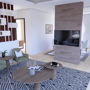 Puede incluir: Un sal&oacute;n moderno con sillones verde claro, una mesa de centro redonda de madera y una alfombra con estampado en blanco y negro. Un gran panel de madera con un televisor montado separa las zonas de estar y comedor. Paredes blancas y estanter&iacute;a decorativa.