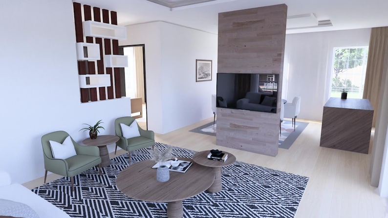 Puede incluir: Un sal&oacute;n moderno con sillones verde claro, una mesa de centro redonda de madera y una alfombra con estampado en blanco y negro. Un gran panel de madera con un televisor montado separa las zonas de estar y comedor. Paredes blancas y estanter&iacute;a decorativa.