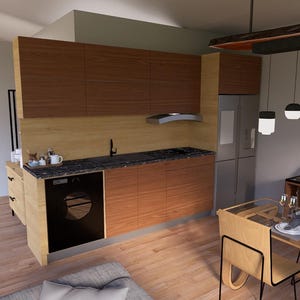 May include: A modern kitchen with wooden cabinetry, a black countertop, and a stainless steel refrigerator. The kitchen features a built-in oven and a dining area with a wooden table and chairs. Overhead, there are pendant lights.