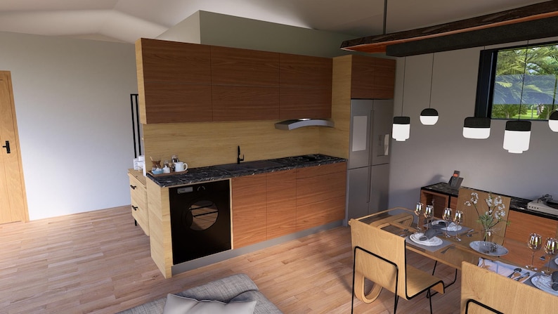 May include: A modern kitchen with wooden cabinetry, a black countertop, and a stainless steel refrigerator. The kitchen features a built-in oven and a dining area with a wooden table and chairs. Overhead, there are pendant lights.