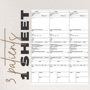 Op de afbeelding: Een wit medisch formulier met drie kolommen, elk gelabeld met "NAME", "FULL/DNR", "DN/CC", "MD", "Allergies", "06/04" en "0". Elke kolom heeft een sectie voor "Plan: home/HH/SNF/rehab", "PMH", "AAOx", "RUE", "RLE", "LUE", "LLE", "Tele", "SOB/Cough/Pulm", "RAV", "L NC/Mask/bipap", "HHINC", "G/Diet", "gen/card/diabetic", "11/crushed/ACHS", "BM", "CONT/INCONT/2", "VO", "Ur/CC/PW/BP/BSC/FOLEY/toilet", "SKIN", "Q2", "Indep/58A/x1/x2/hoyer/BR", "PAIN", "IV", "DRIPS", "BP", "HR", "T", "RR", "O2", "LABS", "TO DO", "ORDERS", "MD %" en "FWW/cane".