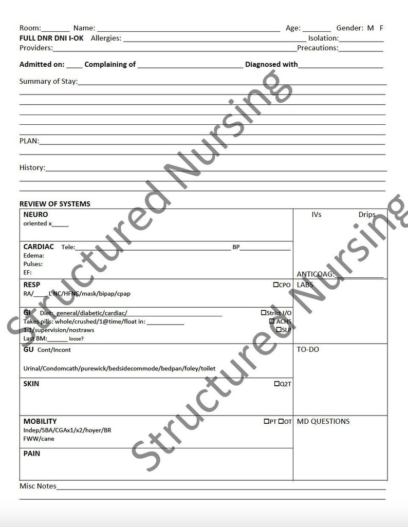 May include: A blank medical form with the title "Review of Systems" and sections for "Neuro", "Cardiac", "Resp", "GI", "GU", "Skin", "Mobility", "Pain", and "Misc Notes".