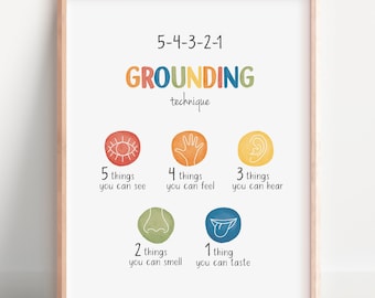 Anxiety relief, Coping Skills, 5 4 3 2 1 Grounding, Coping Strategies, Therapist Decor, Mental Health Art, Counselling, Digital Download