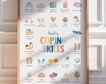 Minimalist Rainbow Coping Skills Poster | Mental Health Wall Art for Kids & Adults | Therapy Office Decor  Self Care Chart Digital Download