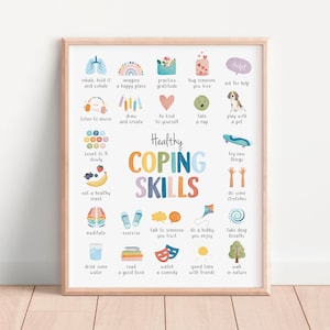 May include: A colourful printable poster with illustrations and text that says "Healthy Coping Skills". The poster lists 20 different coping skills, such as "inhale, hold it and exhale", "imagine a happy place", "practice gratitude", "hug someone you love", "ask for help", "listen to music", "draw and create", "be kind to yourself", "take a nap", "play with a pet", "count to 10 slowly", "eat a healthy snack", "meditate", "exercise", "talk to someone you trust", "do a hobby you enjoy", "take deep breaths", "drink some water", "read a good book", "watch a comedy", "spend time with friends", and "walk in nature".
