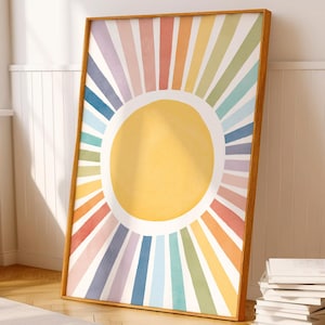 Poster della sala giochi del sole, stampa del sole dell'asilo nido dell'acquerello, arte murale del sole arcobaleno, decorazione della stanza delle ragazze, decorazione della sala giochi, stampa del sole boho, download digitale