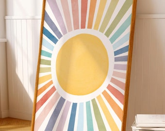 Sonne Spielzimmer Poster, Aquarell Kinderzimmer Sonne Druck, Regenbogen Sonne Wandkunst, Mädchen Zimmer Dekor, Spielzimmer Dekor, Boho Sonne Druck, digitaler Download