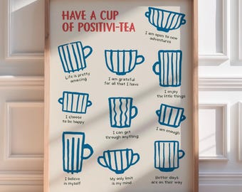 Positivi-Tea Affirmation Wall Art, Funny Kitchen Quote Poster, Self Love Tea Print, Therapist Office Decor, Blue Beige Art, Digital Download